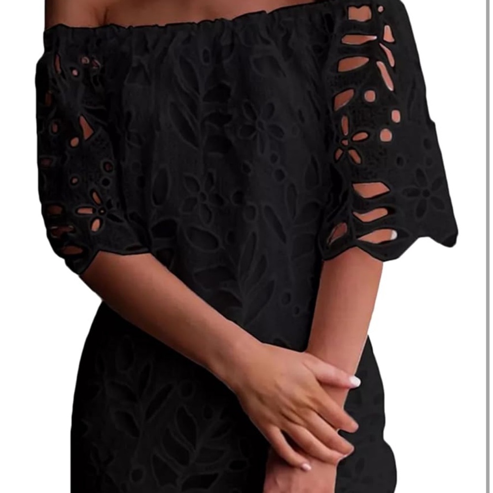 Pretty Garden floral lace off shoulder dress black large NWT